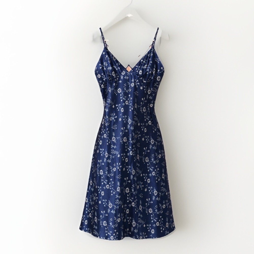 Blue Floral Satin Maxi Dress Slip Strappy Back Babydoll Grunge Cottagecore Y2K L